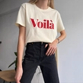 Creamy white slim fit crew neck T-shirt with red Voilà lettering for a chic look - S / Apricot (Q1231)