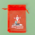 Red organza Christmas drawstring gift bag with Santa Claus print on green background - Style 9 / 10*15cm