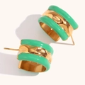 Modern 18K gold plated stainless steel hoop earrings with green enamel and wave patterns - Gold & Emerald Green - Earrings