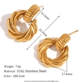 Retro 18K gold-plated stainless steel twisted hoop earrings with chunky hammered texture - Twisted Cookie Texture Hoop Stud Earrings - Gold