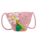 Pink woven kids shoulder bag featuring 3D floral accents and a pearl decoration - Pink With Pink Flower