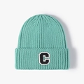 Winter mint green chunky knit beanie with letter C patch and ear protection - One Size / Lake Blue (22B010)