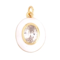 Golden oval pendant featuring white enamel trim and a clear oval gemstone center - Oval White