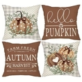 Set of 4 autumn harvest pumpkin and plaid decorative cushion covers for home sofa - Dark Brown Beige Autumn Harvest Set