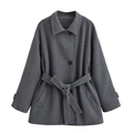 Women's dark grey wool coat with lapel collar and matching waist belt on white background - XS / Dark Gray