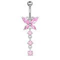 Pink butterfly navel ring with silver base and sparkling marquise cubic zirconia stones - Pink Butterfly