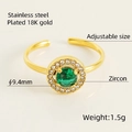 18K gold plated stainless steel adjustable ring with 9.4mm green zircon sunflower - Round Ring (597) - Green Zircon