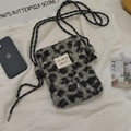Gray and black leopard print plush crossbody bag with adjustable rope shoulder strap - Gray Lamb Velvet Leopard
