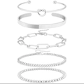 5-teiliges Armband-Set in Silber mit Büroklammerkette und breiten Armreifen - Silbernes Set mit Knotenspange und Büroklammer-Perlenkette