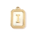Macro view of a rectangular gold letter I pendant with white shell inlay and beaded edges - Letter I