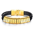 Men's triple-layer black leather braided bracelet with 8 custom gold beads and magnetic clasp - 19cm / 8 Names / Gold Clasp