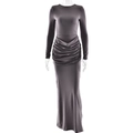Detailed view of the elegant ruched waist design on this graphite grey maxi dress - S / Gray