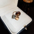 Detail view of gold-plated open ring with brown and green square cubic zirconia gems - Chocolate Gold (Real Gold Plated)