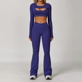Zweiteiliges lila Yoga-Set mit Cut-out-Oberteil und High-Waist-Schlaghose für Damen - S / Langarm + Schlaghose / Rosigblau