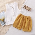 Kids cotton gauze summer set with white button-up vest and ginger yellow shorts - 80 / White + Yellow