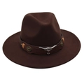 Detail of dark brown felt cowboy hat with leather band and silver bull head ornament - One Size(Adjustable) / Coffee