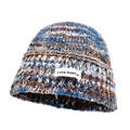 Winter knitted beanie in blue, brown, and white blend with a Love Fashion patch - M (56-58cm) / Multicolor 1 (Blue Brown White Mixed)