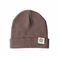 Purple ribbed knit baby beanie with a white smiley face patch for winter warmth - One Size / Khaki