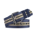 Navy blue striped canvas belt with green and beige details and metal buckle pin - L120cm W3.8cm / Navy Striped