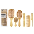 Bamboo hair brush set with paddle, tail, and wide-tooth combs on a white background - 6pcs Hair Brush Set: White Kids Model (PVC Box)