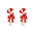 Enamel Christmas candy cane earrings with red bow accent and golden metal edges - Gold Candy Cane Stud Earrings with Bow