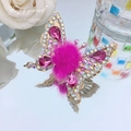 Golden butterfly hair clip with rose red crystals and a pink pompom accent - Mink Fur Ball Butterfly / Rose Red