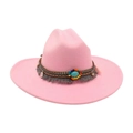 Chapeau en feutre rose à large bord avec bande ethnique perlée et détails de glands - Taille unique / Rose
