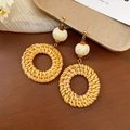 Bohemian round rattan earrings with cotton balls and wood beads for summer beach vacations - Natural/Beige/Brown