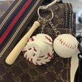 Miniature wooden baseball bat keychain with white leather glove on brown bag - 3.5CM White/Red Strap