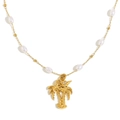 Collana in acciaio inossidabile placcato oro 18 carati con perle e ciondolo a palma - Collana Con Ciondolo Albero Di Cocco Con Perle Sintetiche / Oro