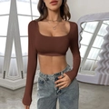 Women's warm brown long sleeve cropped knit top with a square neck and high stretch fit - S / Coffee