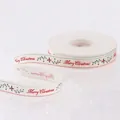 White Christmas ribbon with red Merry Christmas text and berry patterns on spool - 1.5cm Cotton Ribbon English Script 23 Yards