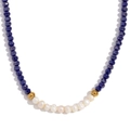 Handmade necklace with deep blue faceted crystals, white pearls, and gold metal beads - Royal Blue Electroplated