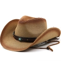 Western ombré gevlochten strooien cowboyhoed met turquoise leren band en kinriem details - M (56-58cm) / Khaki Roest Rood Gradiënt