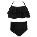 Girls' high-elastic nylon two-piece bikini set with tiered ruffles and black swim shorts - 104 / Black Double Ruffle Ruched Pants Set