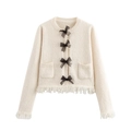 Cardigan chic in maglia crema con scollo rotondo, fiocchi neri e bordi con frange - S / Tops