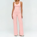Ensemble de yoga rose avec débardeur ajusté et pantalon de sport évasé à taille haute - S / Haut Et Bas / Rose Pêche