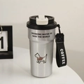 Silver stainless steel puppy coffee tumbler with straw lid and black woven carry strap - 500ml / 304 Stainless Steel / Silver Puppy