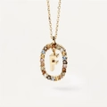 Gold letter F pendant necklace with colorful cubic zirconia in an oval frame - Gold F