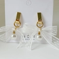Golden drop earrings with white lace bow and elegant pearl on jewelry card - Gold Link Lace Bow Pearl Drop