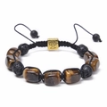 Macro shot of adjustable beaded bracelet with lava stone, tiger eye and tree of life charm - Tiger Eye Beads + Lava Stone / Tiger Eye Bracelet