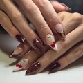 3D cherry almond press-on nails with burgundy red color and tortoiseshell marbling pattern - French 3D Cherry Tortoiseshell Style (JP3999)