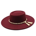 Detail of burgundy boater hat with gold chain, white pearls and hanging fringe tassels - M(56-58cm) / Burgundy