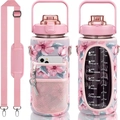 Floral SBR water bottle sleeve with strap and 64oz bottle featuring time markers - Pink Floral Print