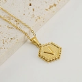 Golden stainless steel necklace featuring a hexagonal pendant with letter V engraving - Letter V (Single Pendant)