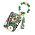 Floral print green card holder wallet with matching silicone bead keychain and tassel - Green