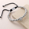 Bracciale con testa di leone d'argento con perline metalliche e cordino nero regolabile - Testa di Leone (NAL10-9) / 6mm / Argento