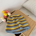Gestreifte Häkel-Strickmütze in Blau Gelb und Braun Herbst Winter Accessoires - Patchwork Gelb Himmelblau / M (56-58cm)