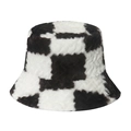 Winter fluffy faux fur bucket hat with black and white checkerboard pattern for women - 58cm / Coffee