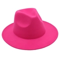 Detail view of the rose red wide brim wool fedora hat with classic crown indentation - One Size / Rose Red